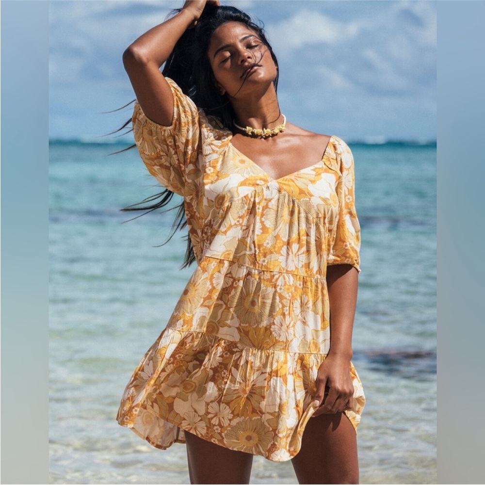 Billabong Boho Floral Full Moon Tan Brown Puff Sleeve Mini Dress